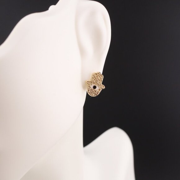 Women's 14K Gold Hamsa Hand Stud Earrings‎ with Black CZ Protection Jewelry *** - Picture 1 of 10